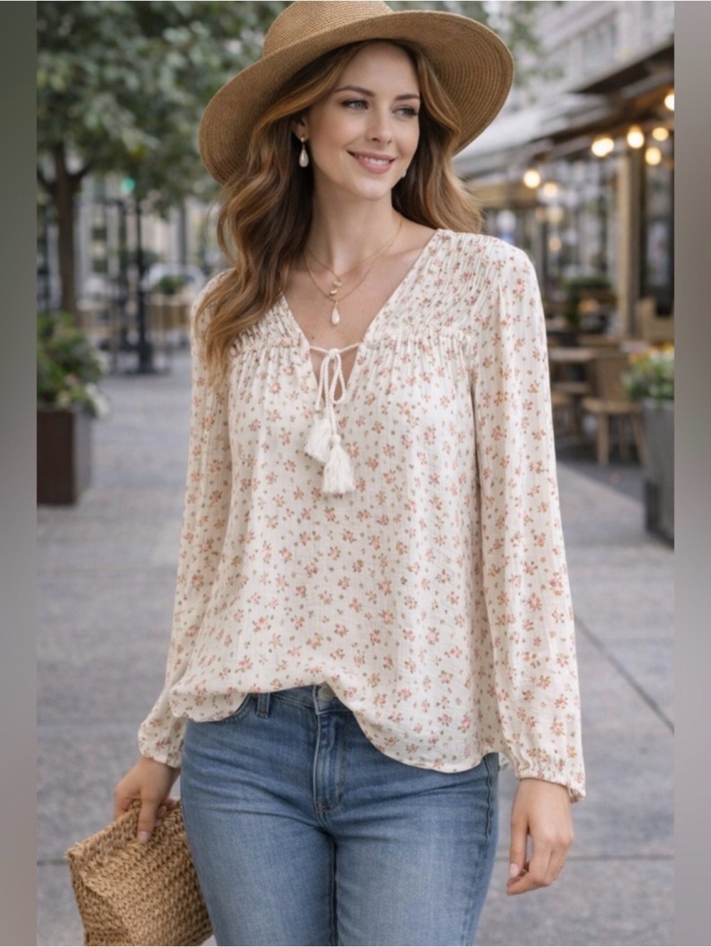 Lucky Brand Cream & Pink Floral Tassel Peasant Blouse